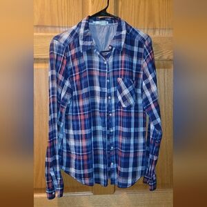 NWOT Maurices Blue White & Pink PLAID Striped Shirt Large CUTE Womens